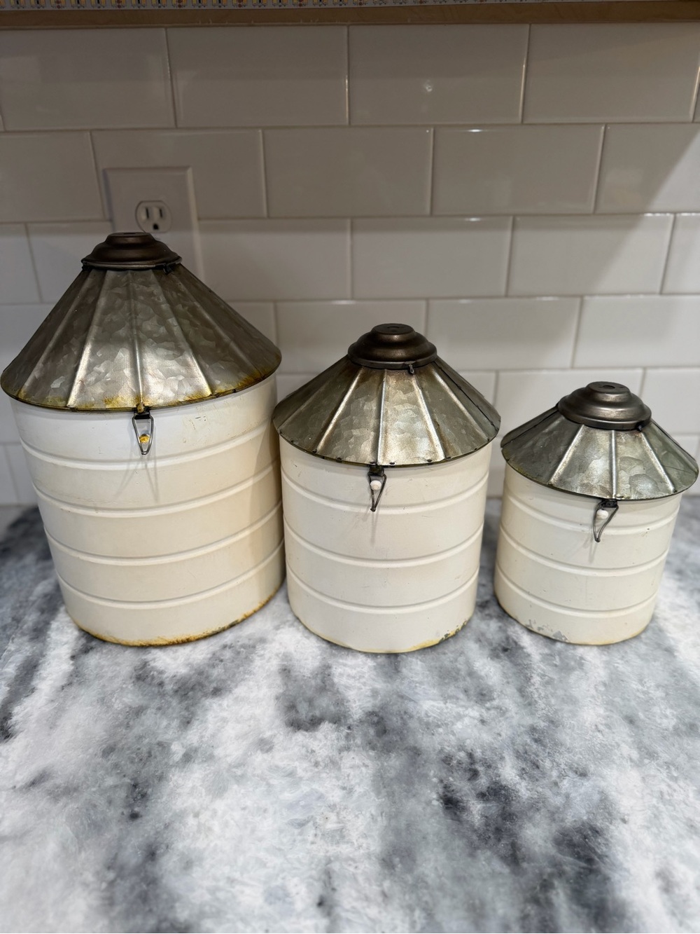 Set of 3 Rustic Farmhouse Silo Metal Canisters – Cream & Galvanized